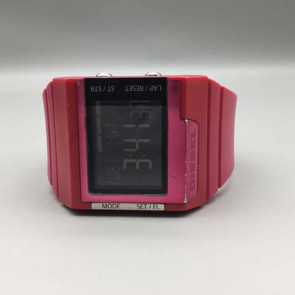 Diesel Womens Watch 38mm Black Digital Pink Rubber Backlight DZ7133 New Battery